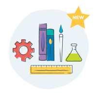 illustration of a gear, books, paintbrush, ruler, and lab flask, and a gold star saying "NEW"